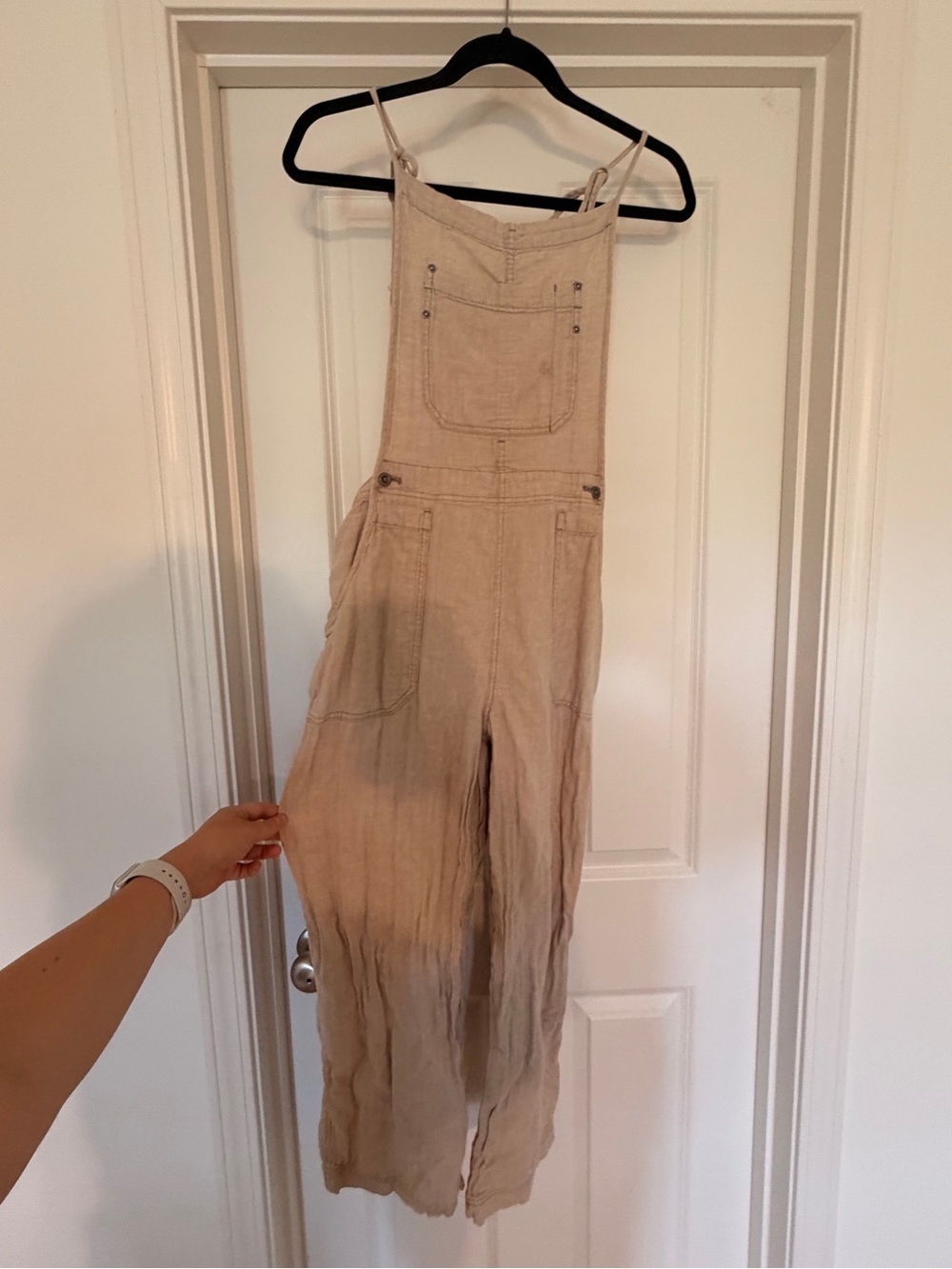 Free People Khaki Wide Leg Cropped Overalls / L